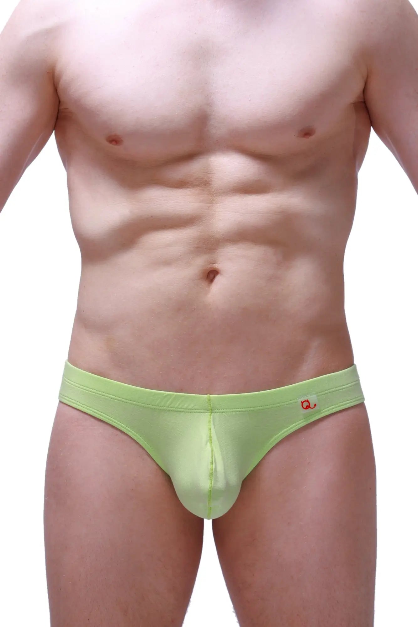 Lime green thong Pensal bamboo men’s briefs with a small red logo on the waistband