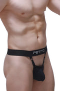 Black petitq thong pinces jockstrap with smooth elastic waistband and adjustable straps showing the back side