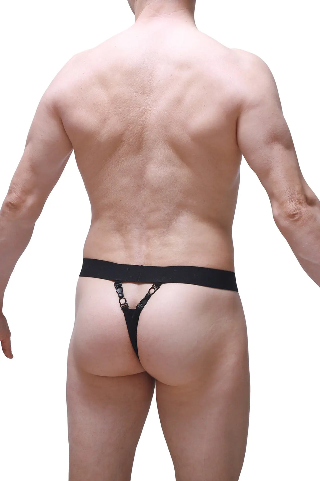 Black thong pinces with wide waistband and adjustable straps shown from the back