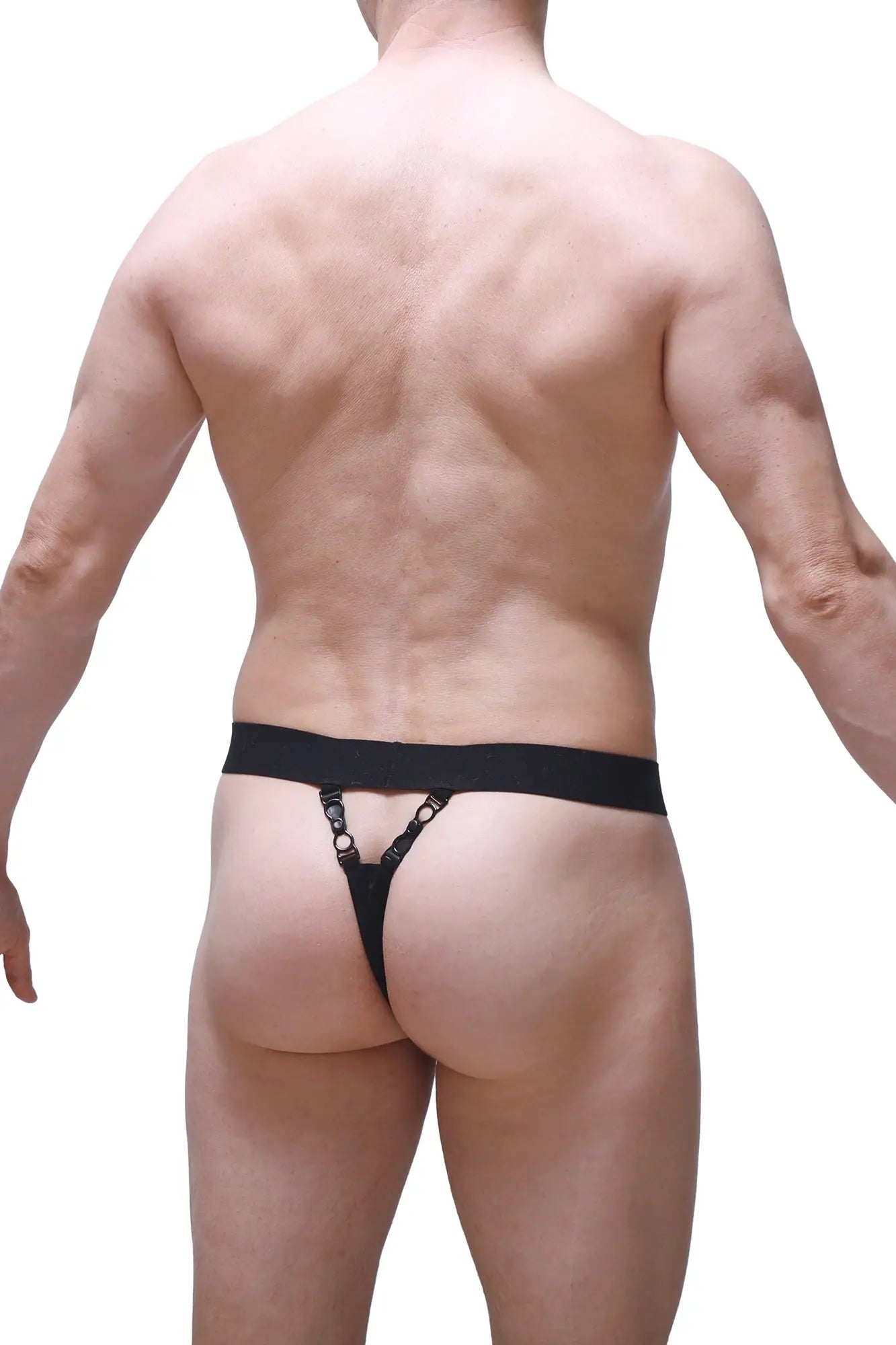 Black thong pinces with wide waistband and adjustable straps shown from the back