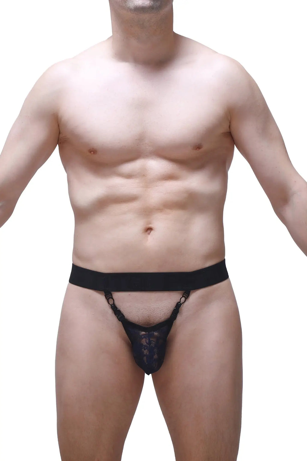 Black lace thong navy with wide elastic waistband and decorative chain detailing shown from the front