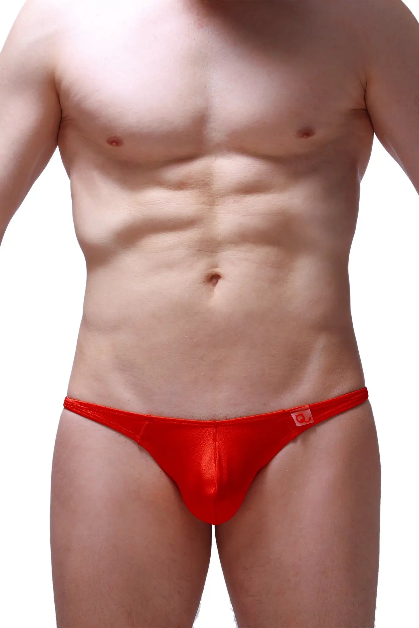 Red shiny form-fitting thong plellis joe red with a small logo on the waistband shown from the back side