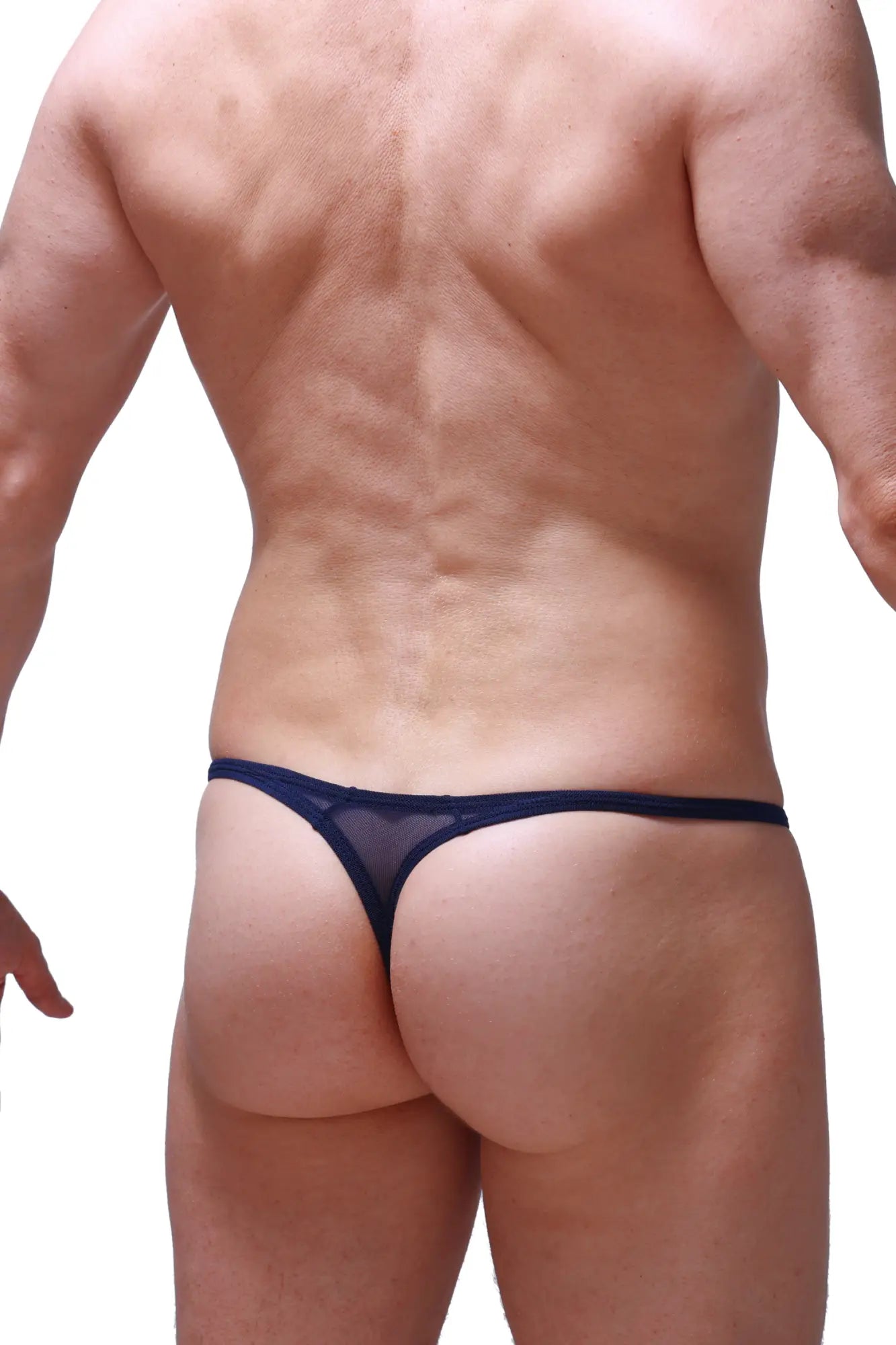 Navy blue sheer mesh thong plellis net showing the back side with a delicate and breathable design