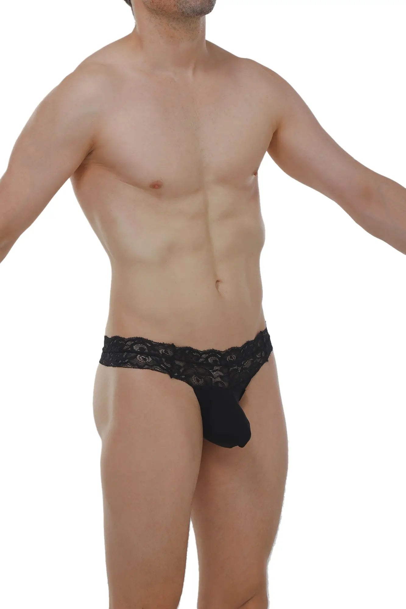 Black lace-trimmed men’s thong Plessis lace black with a solid black fabric pouch viewed from the back