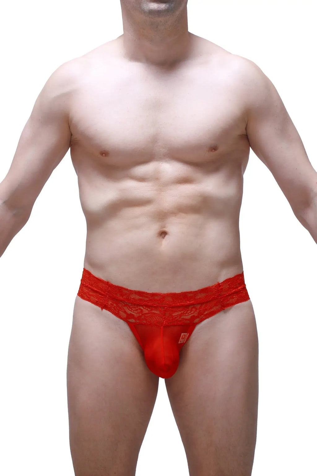 Red lace thong plessis net red with sheer patterned waistband and solid red front panel for intimate wear