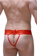 Back view of red lace thong plessis net with a tied bow detail showcasing delicate net material design