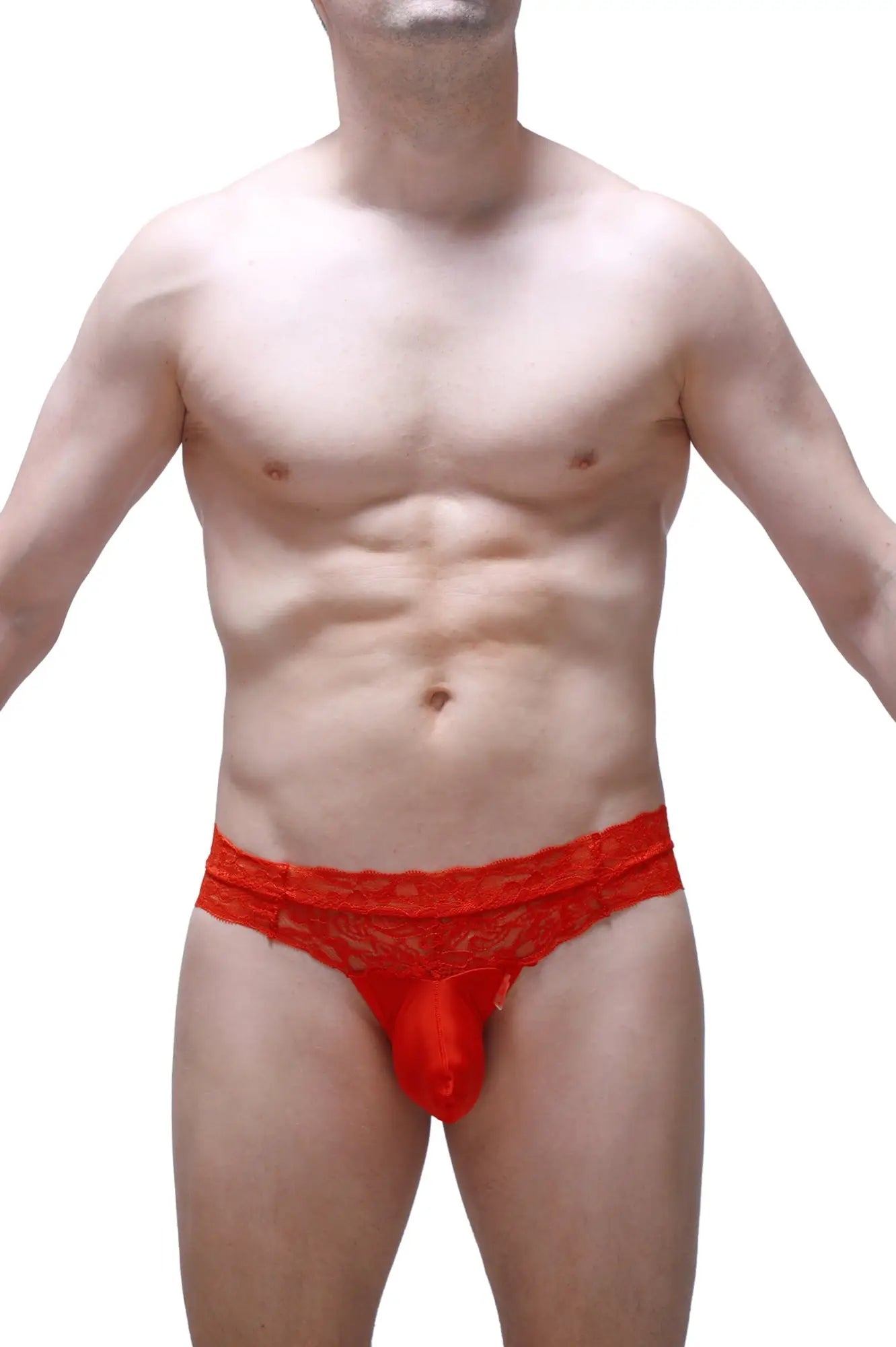 Red lace thong plessis plum red with sheer patterned waistband and solid red pouch front view