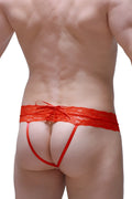 Back view of red lace thong plessis plum red with tied bow detail showcasing delicate lace fabric