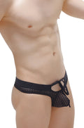 Black mesh thong plones durtol briefs with tied waistband showcasing breathable fabric and adjustable fit
