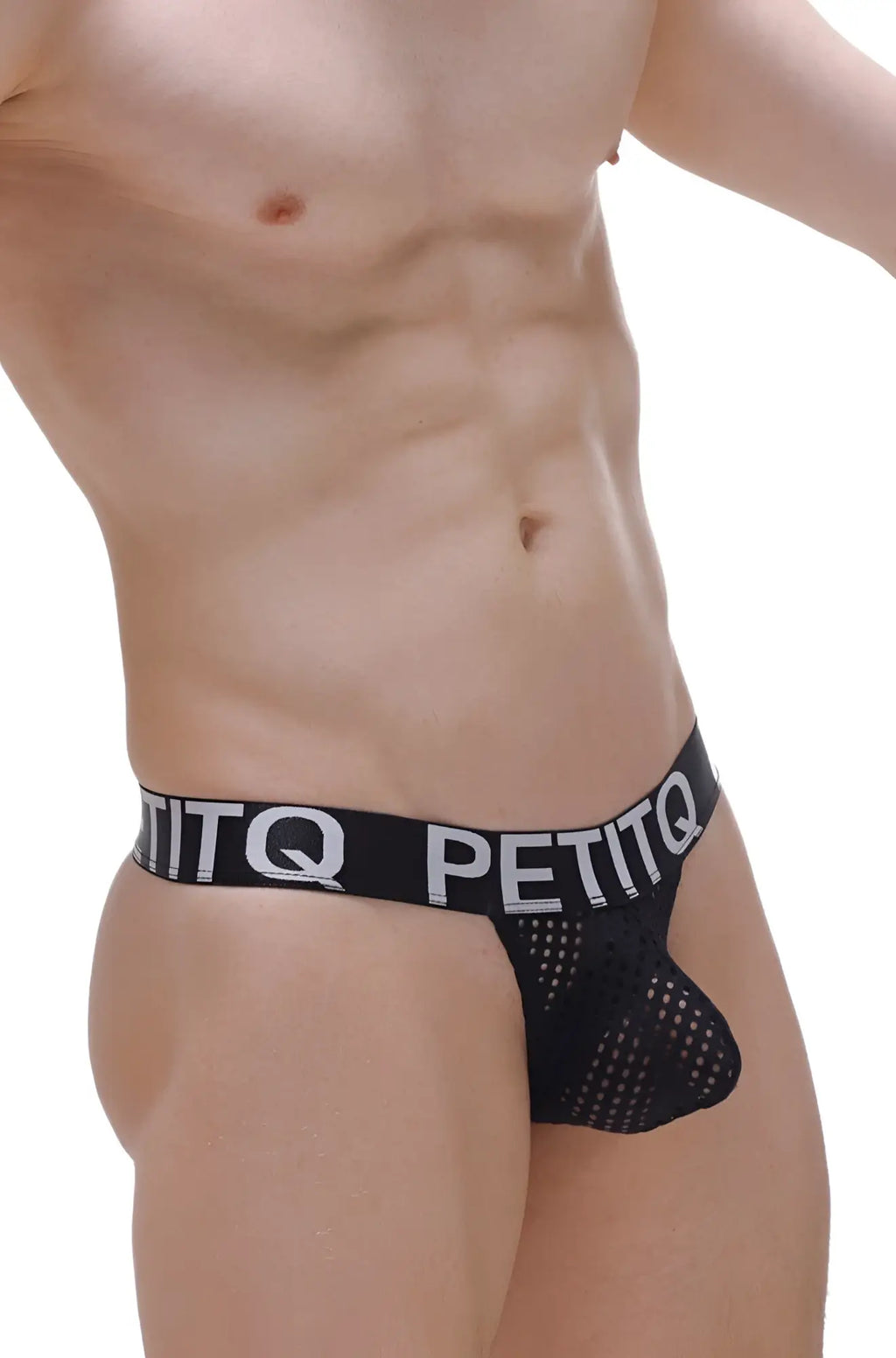 Black mesh thong protruder durtol with wide elastic waistband featuring petitq logo in white lettering