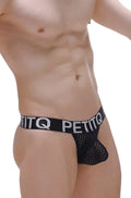 Black mesh thong protruder durtol with wide elastic waistband featuring petitq logo in white lettering