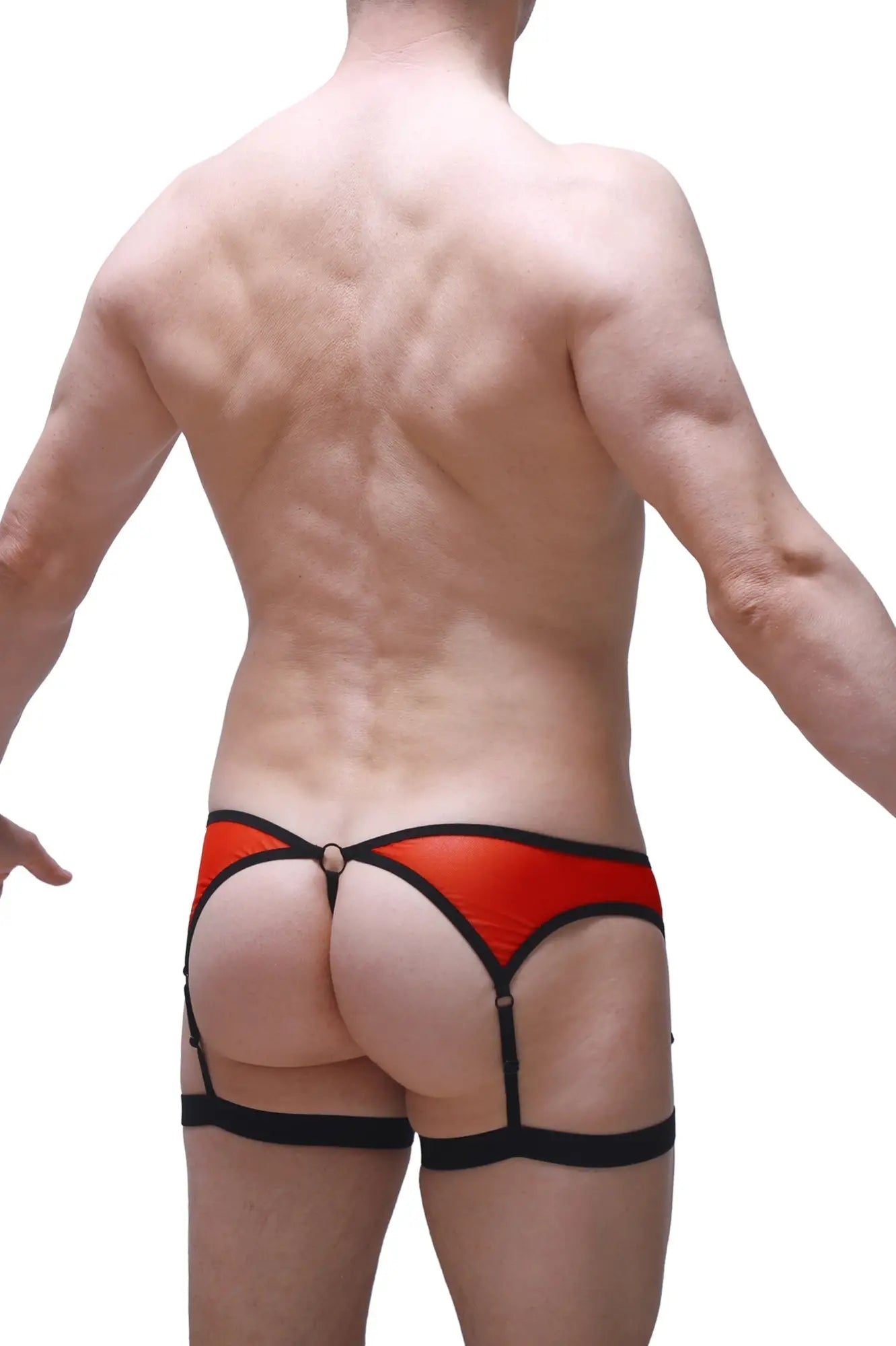 Red and black leather thong roaix with garter straps showing front side details