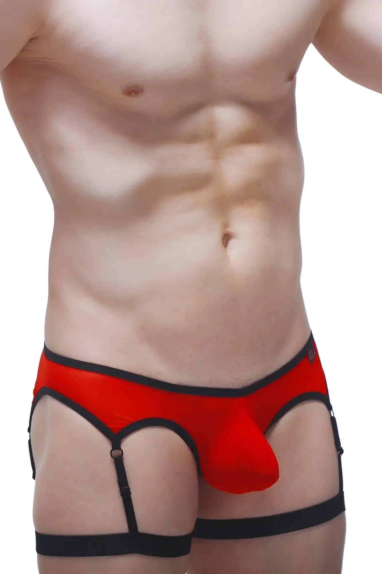 Red and black men’s thong briefs with suspenders featuring a distinctive roaix design