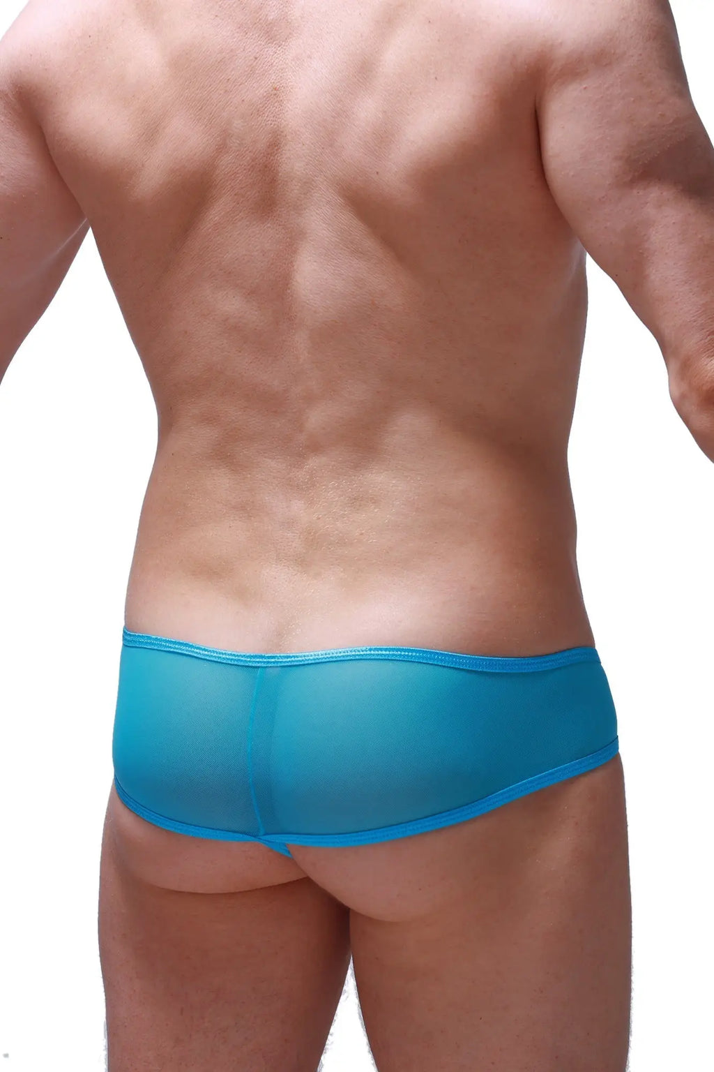 Translucent turquoise blue mesh thong with solid waistband in net maya blue for stylish breathable comfort