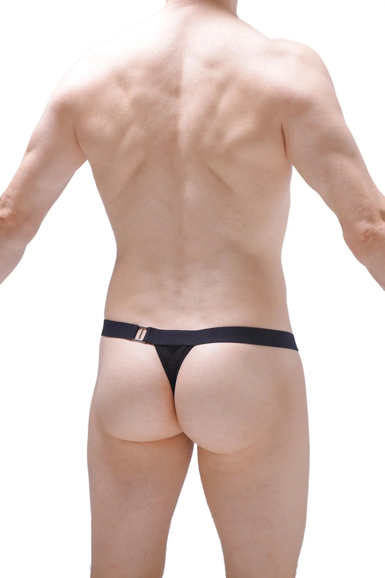 Back side of black thong vaivre with metallic buckle detail in sleek fabric for stylish lingerie wear