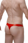 Red shiny vinyl thong featuring a zip detail made from latex showing the back side of the product