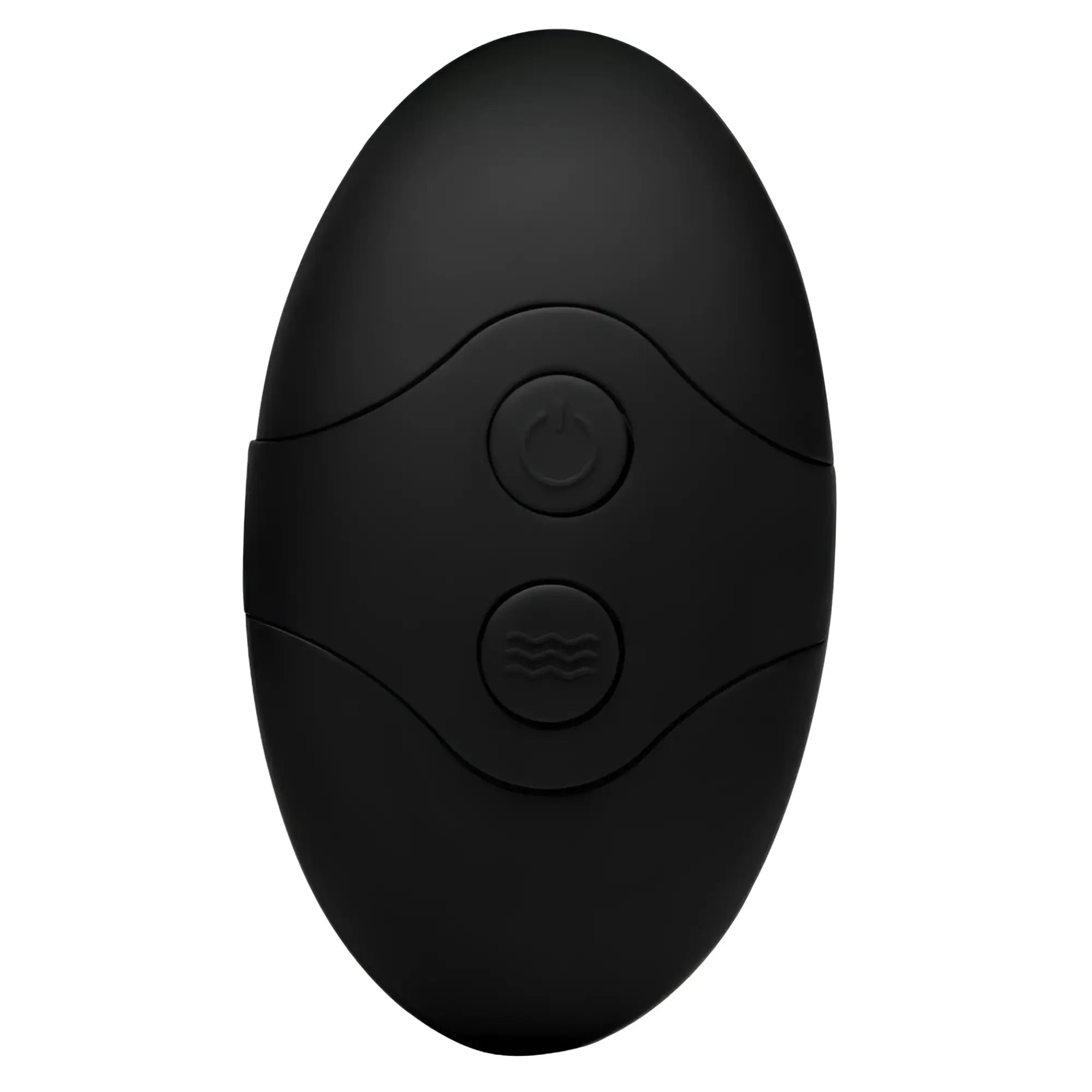 Thump It Kinetic Thumping 7X Large Anal Plug remote control, oval-shaped black device with two circular power buttons.