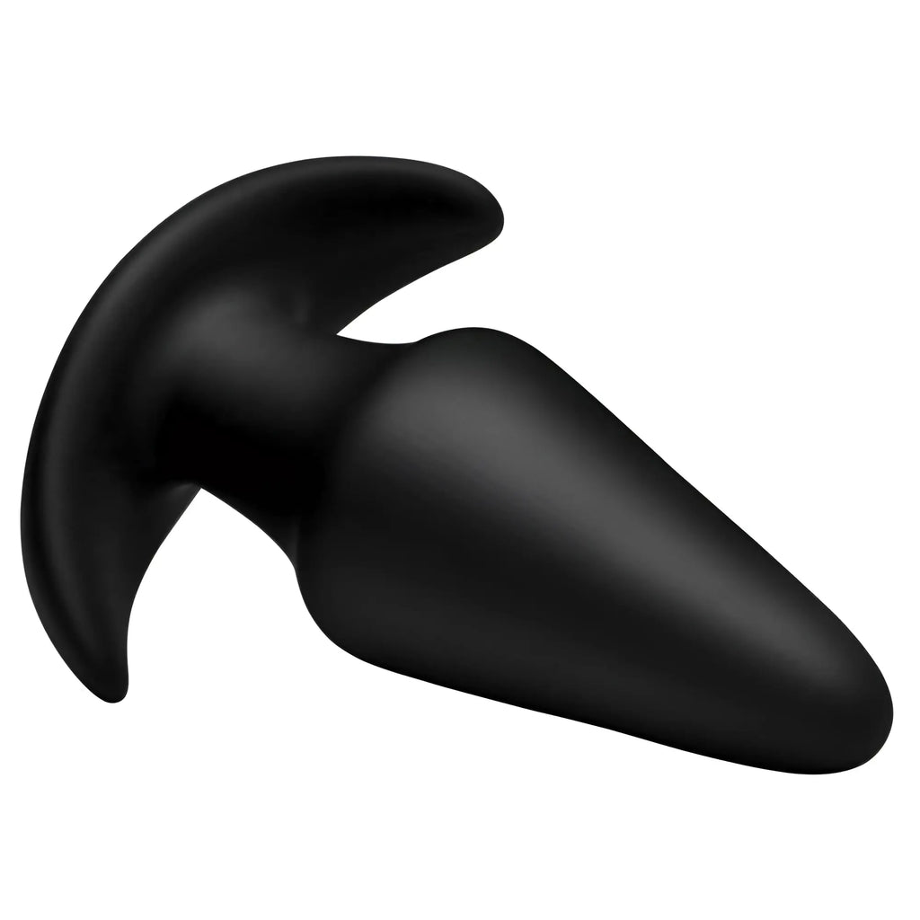 Thump It Kinetic Thumping 7X large black silicone anal plug with a curved, flared base on a plain white background.