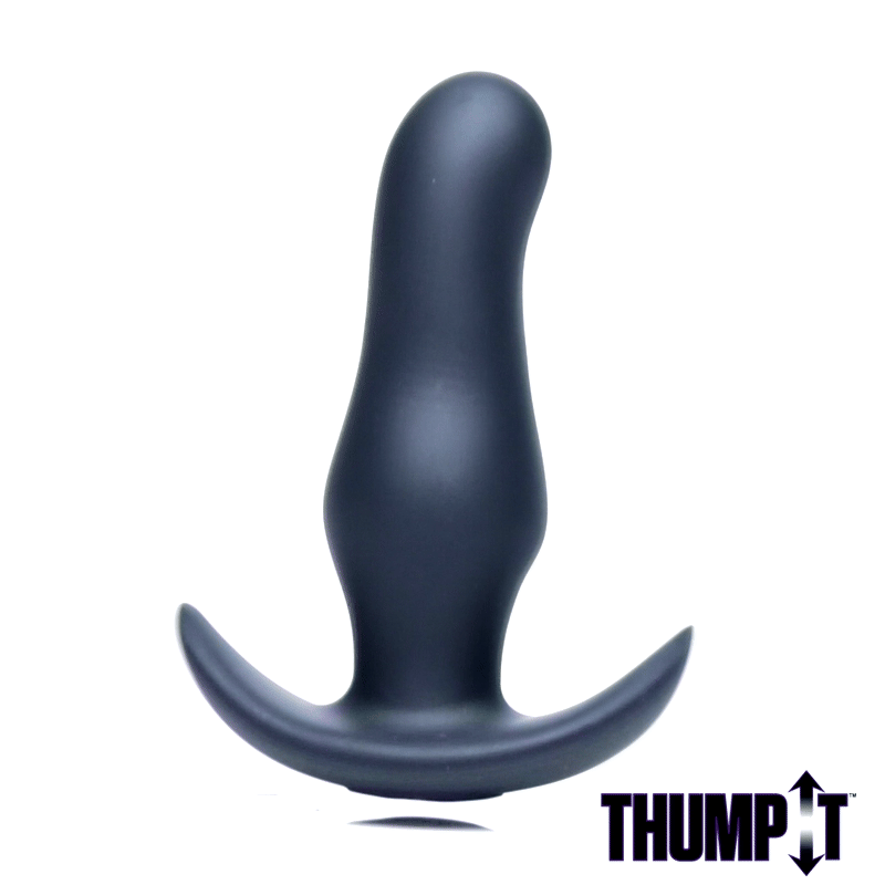 Thump It Kinetic Thumping 7X Prostate Anal Plug in matte black, featuring a curved shaft and a wide, winged base.