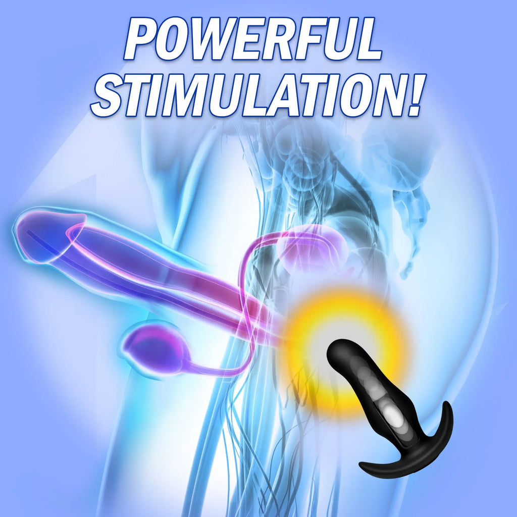 Thump It Kinetic Thumping 7X black prostate plug shown on a diagram of the male anatomy with a bright yellow glow.