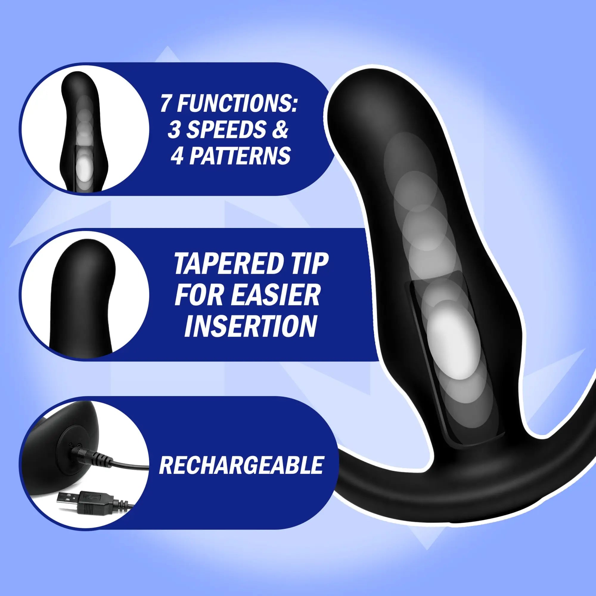 Thump It Kinetic 7X prostate plug: smooth black silicone with tapered tip, kinetic thumping, and USB charging.