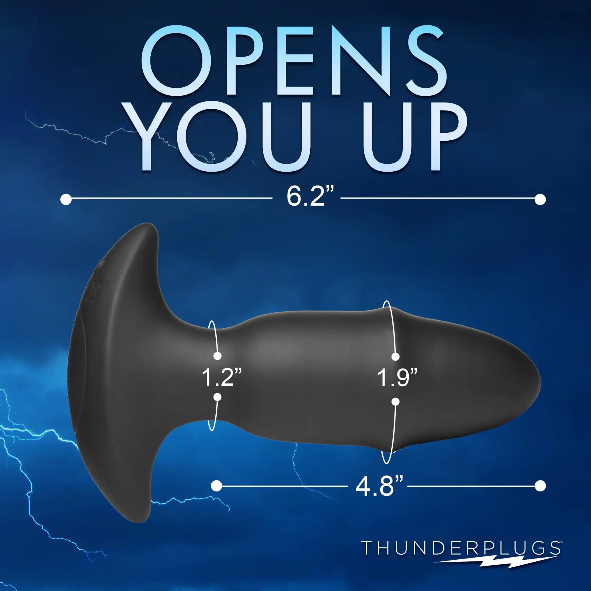 Black Thunderplugs 10X sliding ring missile plug on a blue lightning background with labeled product dimensions.