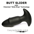 Thunderplugs 10X black silicone sliding ring missile plug with a curved, flared base for comfort and control.