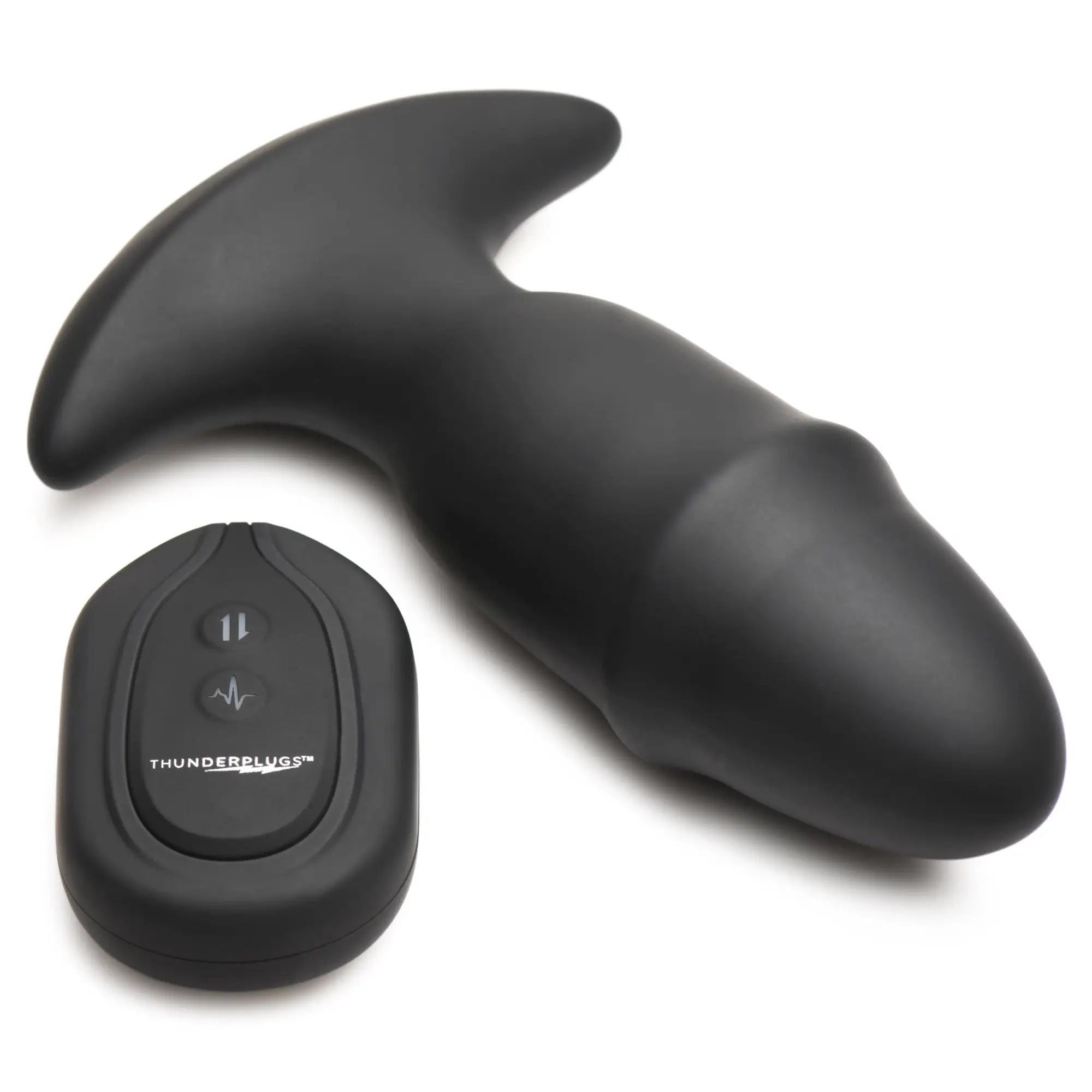 Thunderplugs 10X black silicone missile plug with T-shaped base and a matching remote control on a white background.