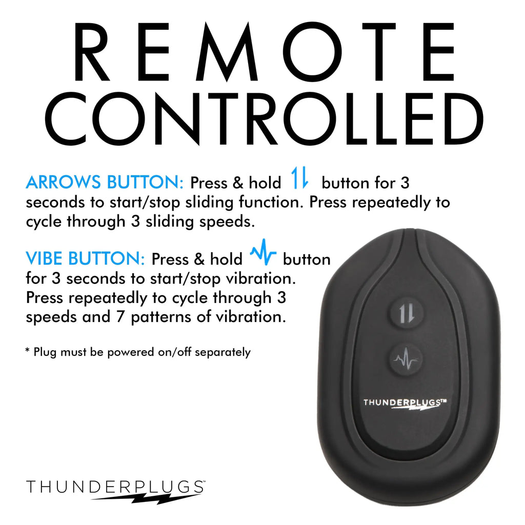 Thunderplugs 10X black, oval-shaped remote controller with two buttons for sliding and vibration functions.