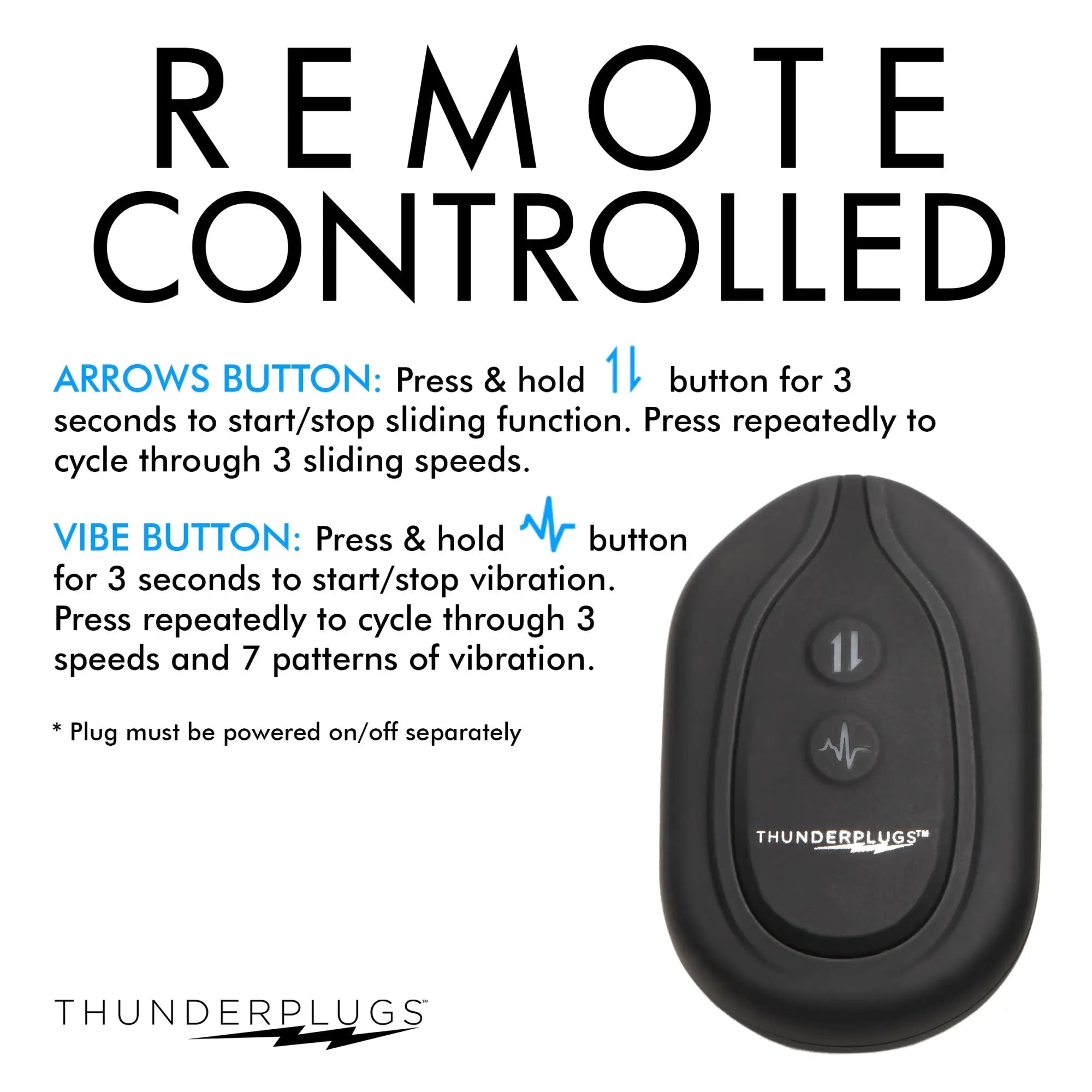 Thunderplugs 10X black, oval-shaped remote controller with two buttons for sliding and vibration functions.