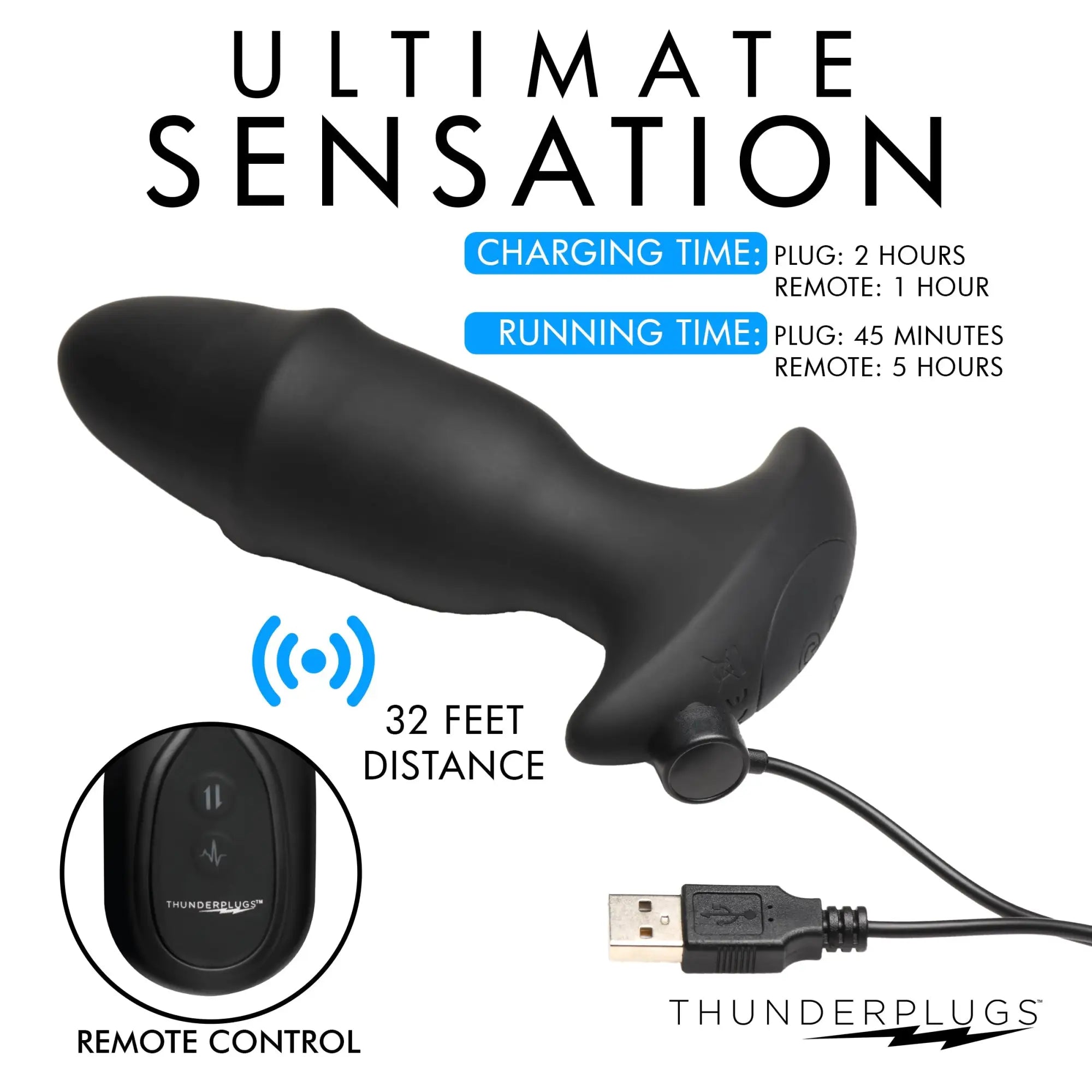 Black Thunderplugs 10X silicone missile plug with remote, featuring a flared base and USB charging cable.