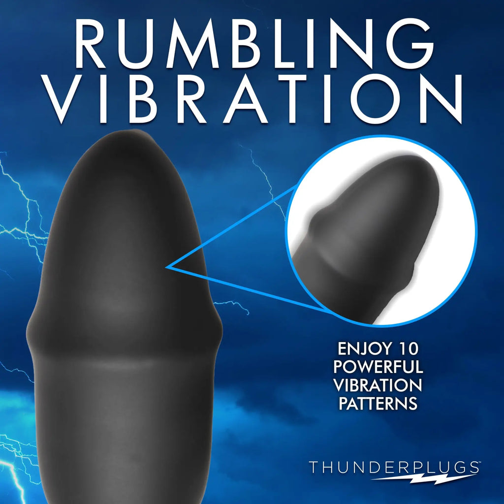 Thunderplugs 10X black silicone missile plug on a stormy background, featuring a detail zoom and vibration text.