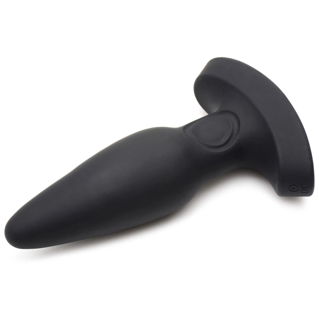 Thunderplugs 25X: A smooth, matte black silicone butt plug with a flared T-shaped base on a white background.