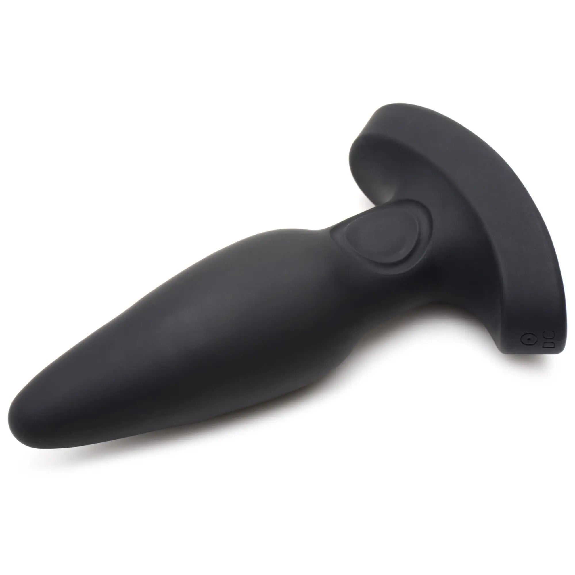 Thunderplugs 25X: A smooth, matte black silicone butt plug with a flared T-shaped base on a white background.