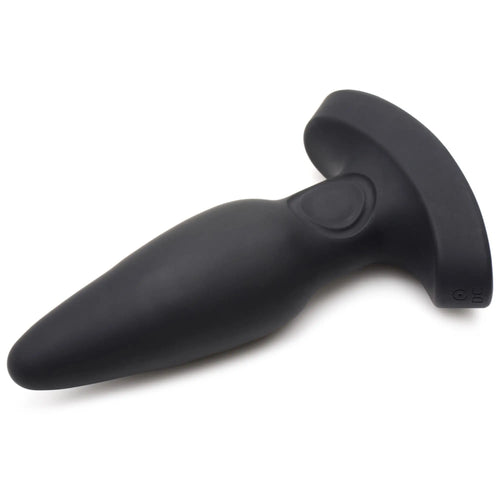 Thunderplugs 25X: A smooth, matte black silicone butt plug with a flared T-shaped base on a white background.