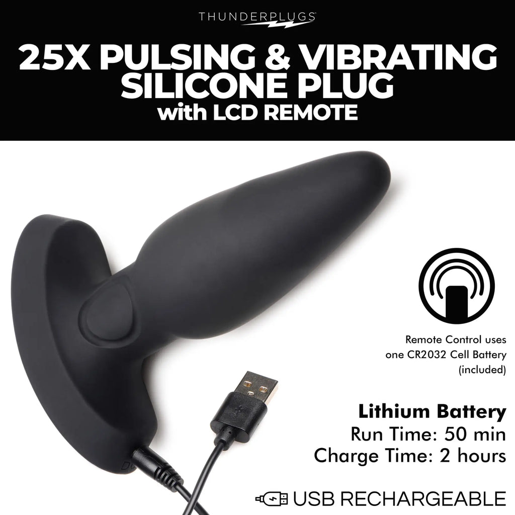 Thunderplugs 25X: A smooth black silicone plug with a flared base, shown with its USB charging cable on a white background.