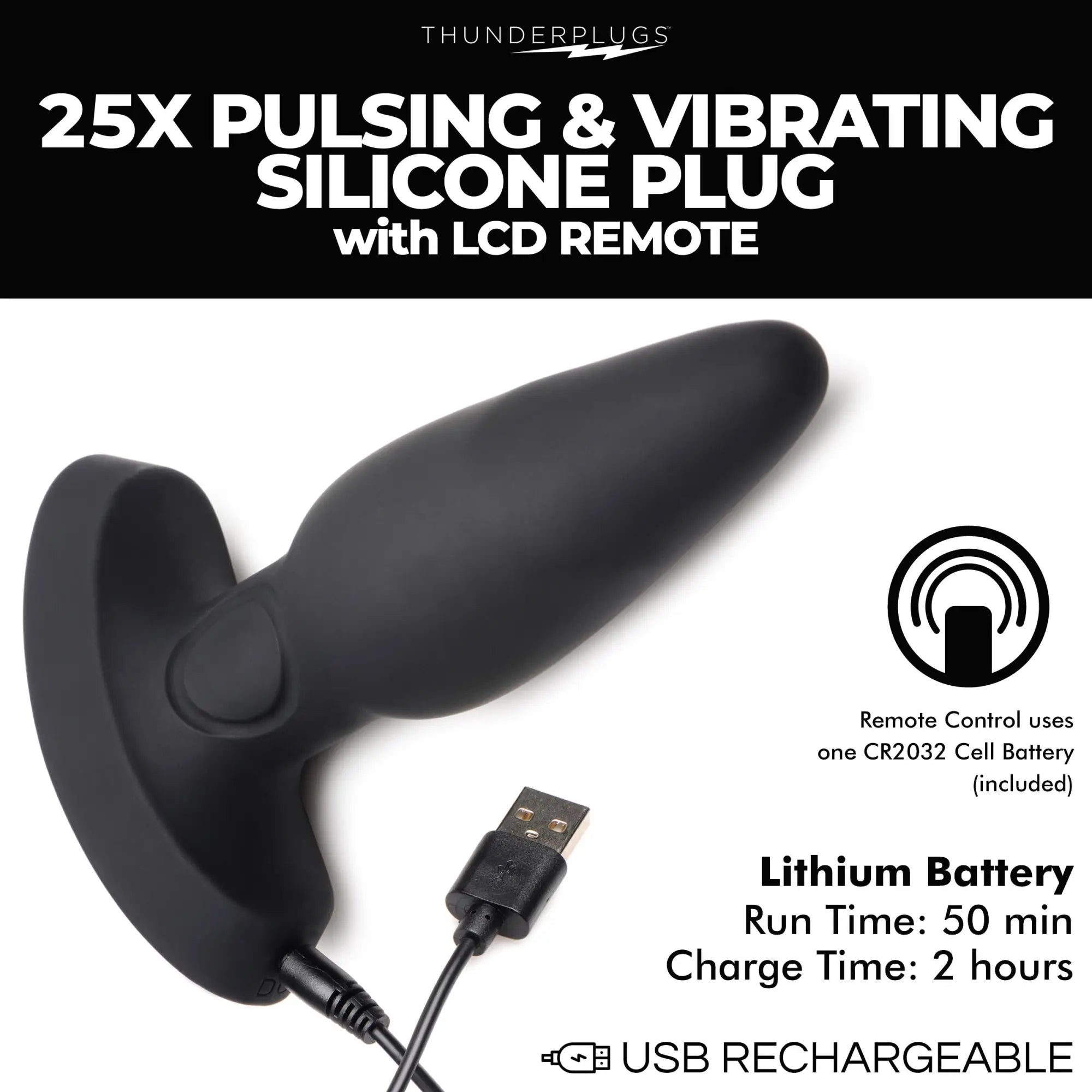Thunderplugs 25X: A smooth black silicone plug with a flared base, shown with its USB charging cable on a white background.