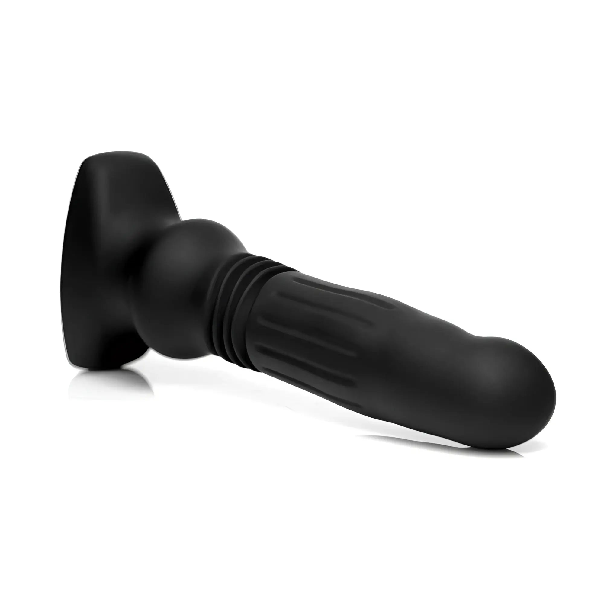 Thunderplugs black silicone swelling and thrusting plug featuring a ribbed, textured shaft and flat base.
