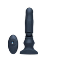 Thunderplugs black silicone swelling and thrusting plug next to its matching remote control on a white background.