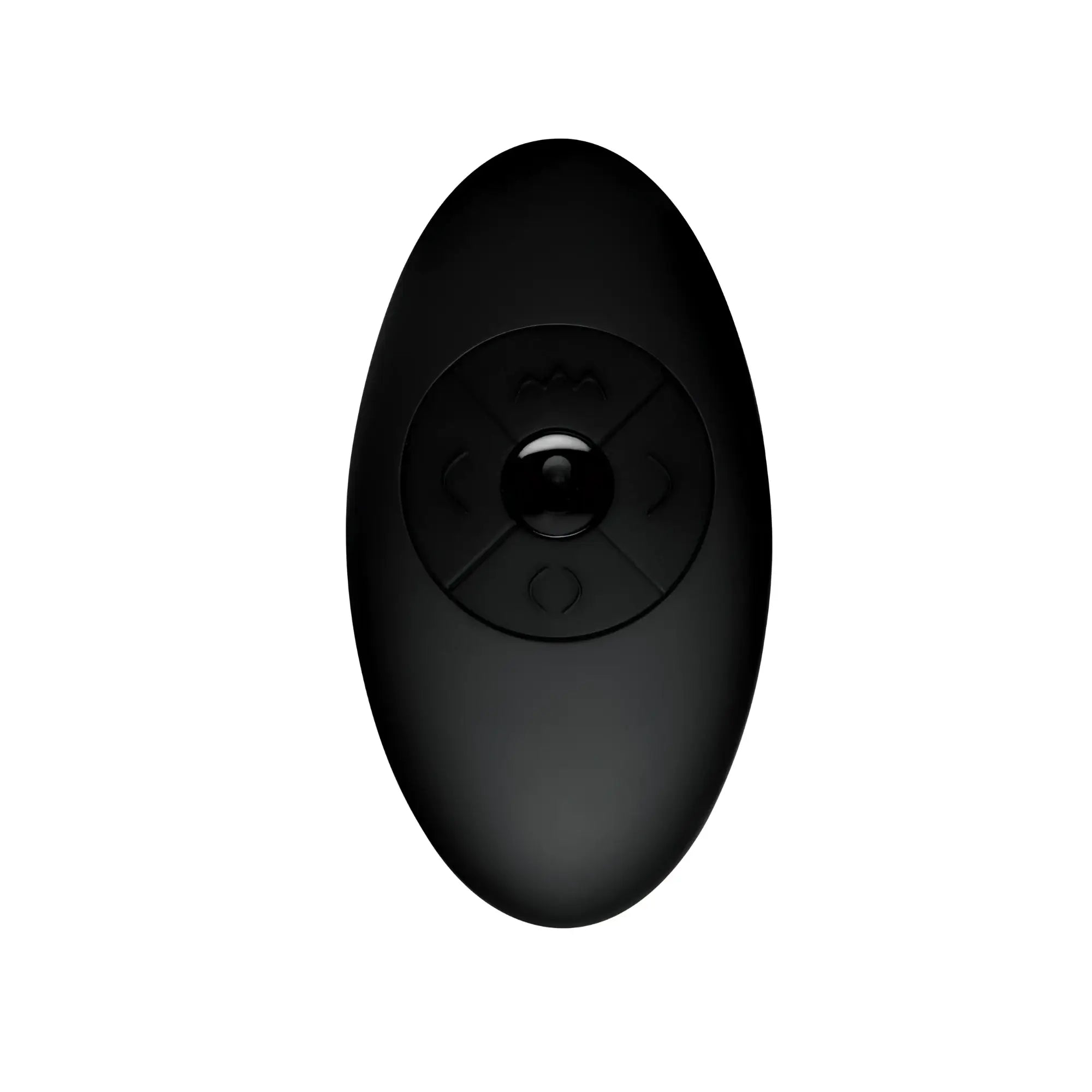 Black Thunderplugs remote control with a matte, oval-shaped design and central circular buttons on a white background.