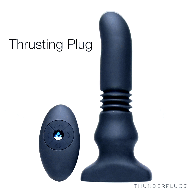 Thunderplugs black silicone thrusting plug with a matching oval remote control, set against a white background.