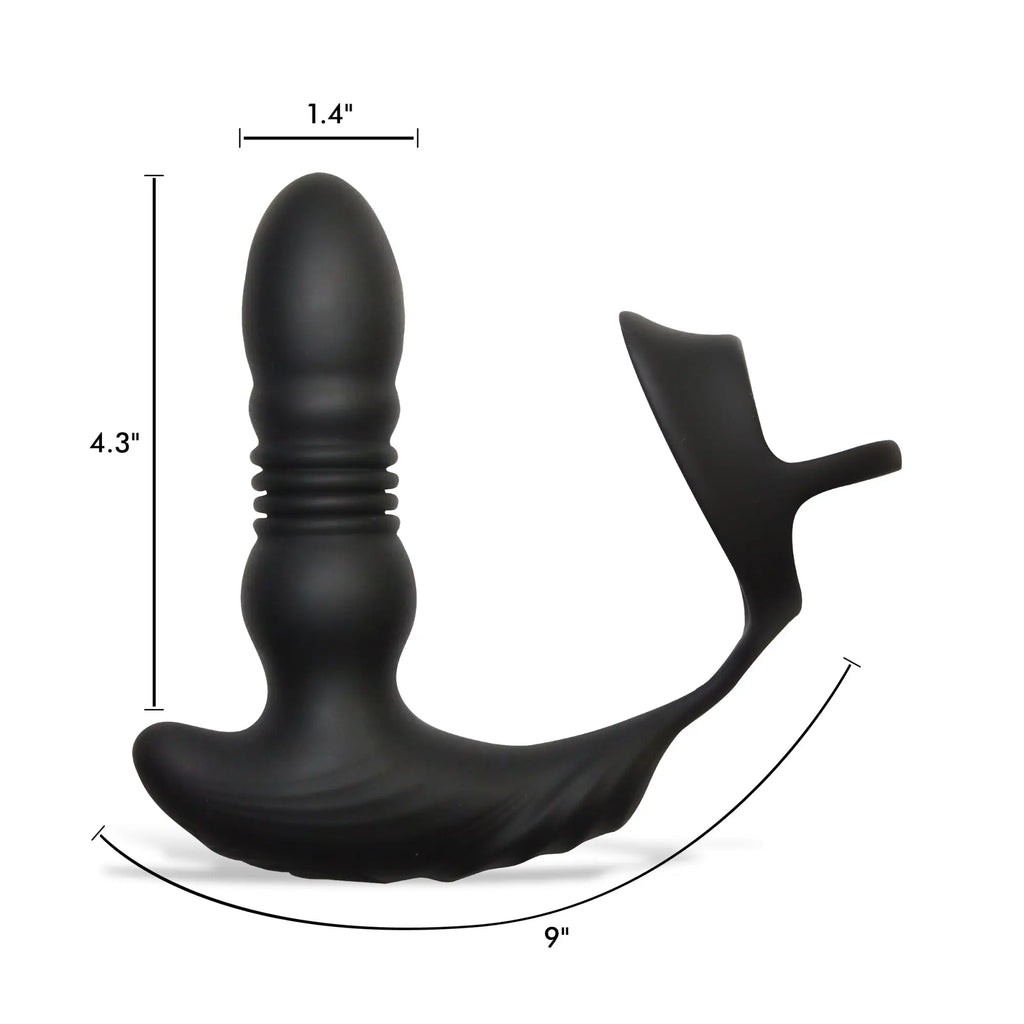Black Thunderplugs thrusting vibrator with a cock and ball ring, featuring a ridged shaft and measurement annotations.