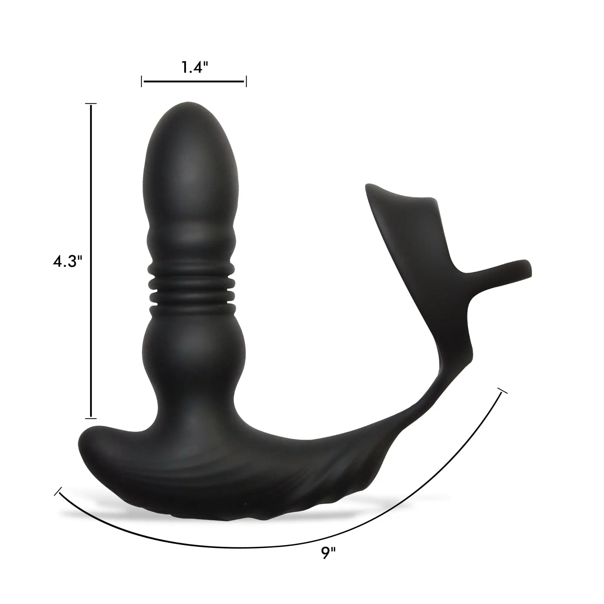 Black Thunderplugs thrusting vibrator with a cock and ball ring, featuring a ridged shaft and measurement annotations.