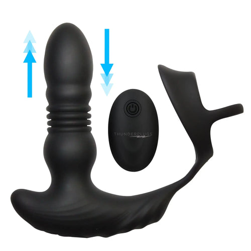 Black Thunderplugs thrusting vibrator with cock ring and remote, showing directional motion arrows on a white background.
