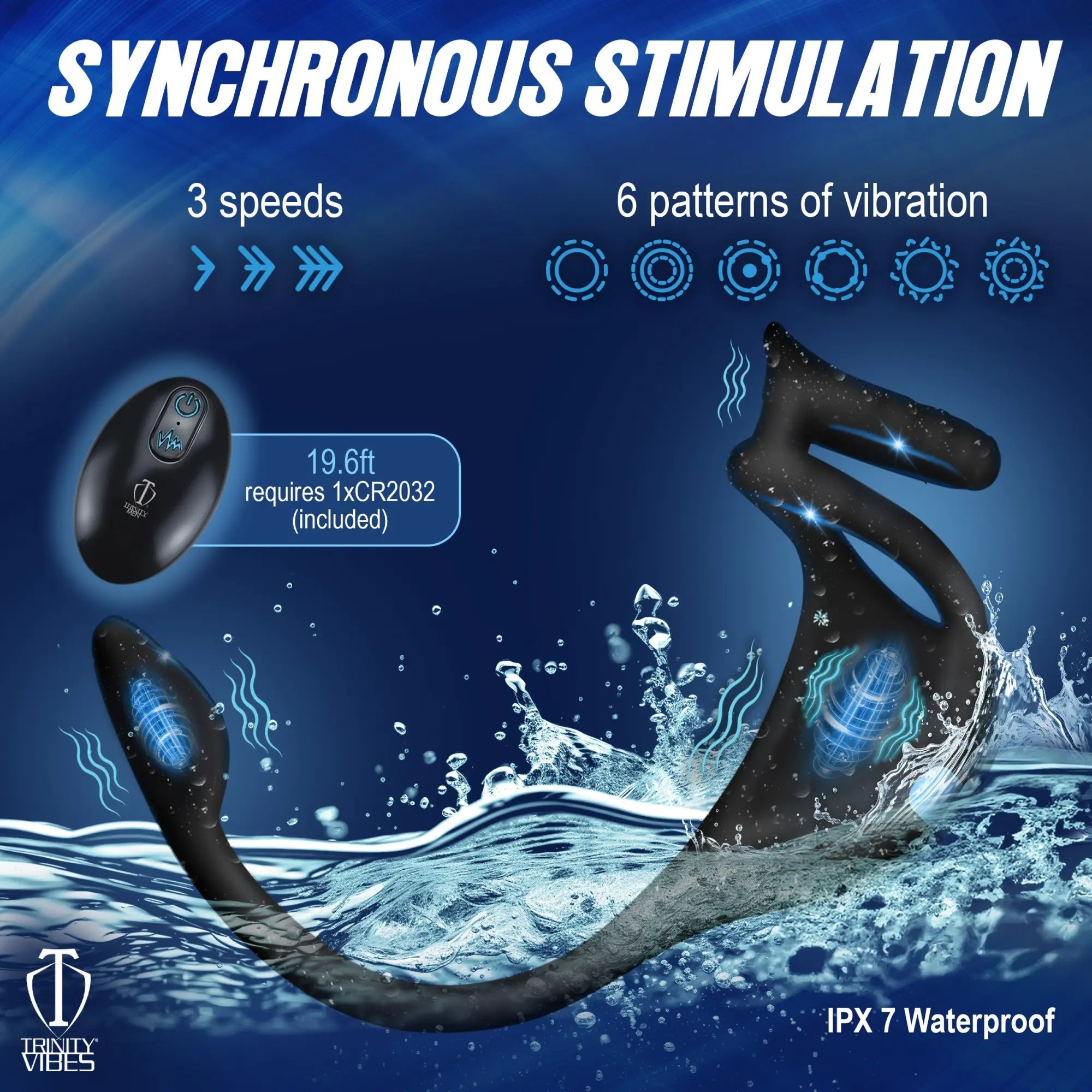 Thunderplugs black silicone dual-stimulation ring and remote in water, showing vibration patterns and speed settings.