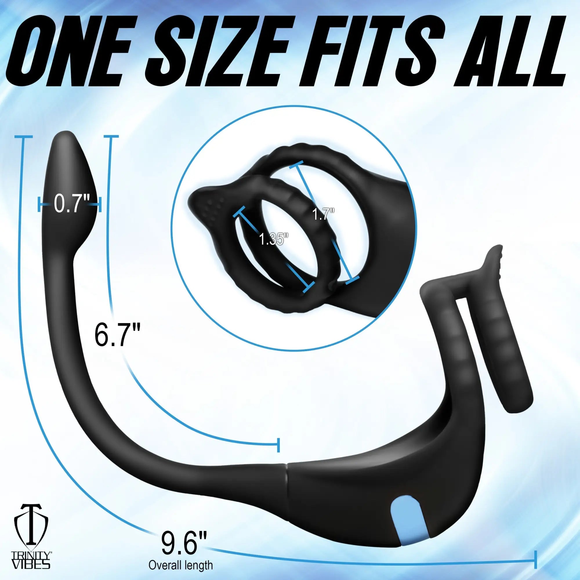 Thunderplugs black silicone vibrating cock ring and anal stimulator with size dimension labels on a light blue background.