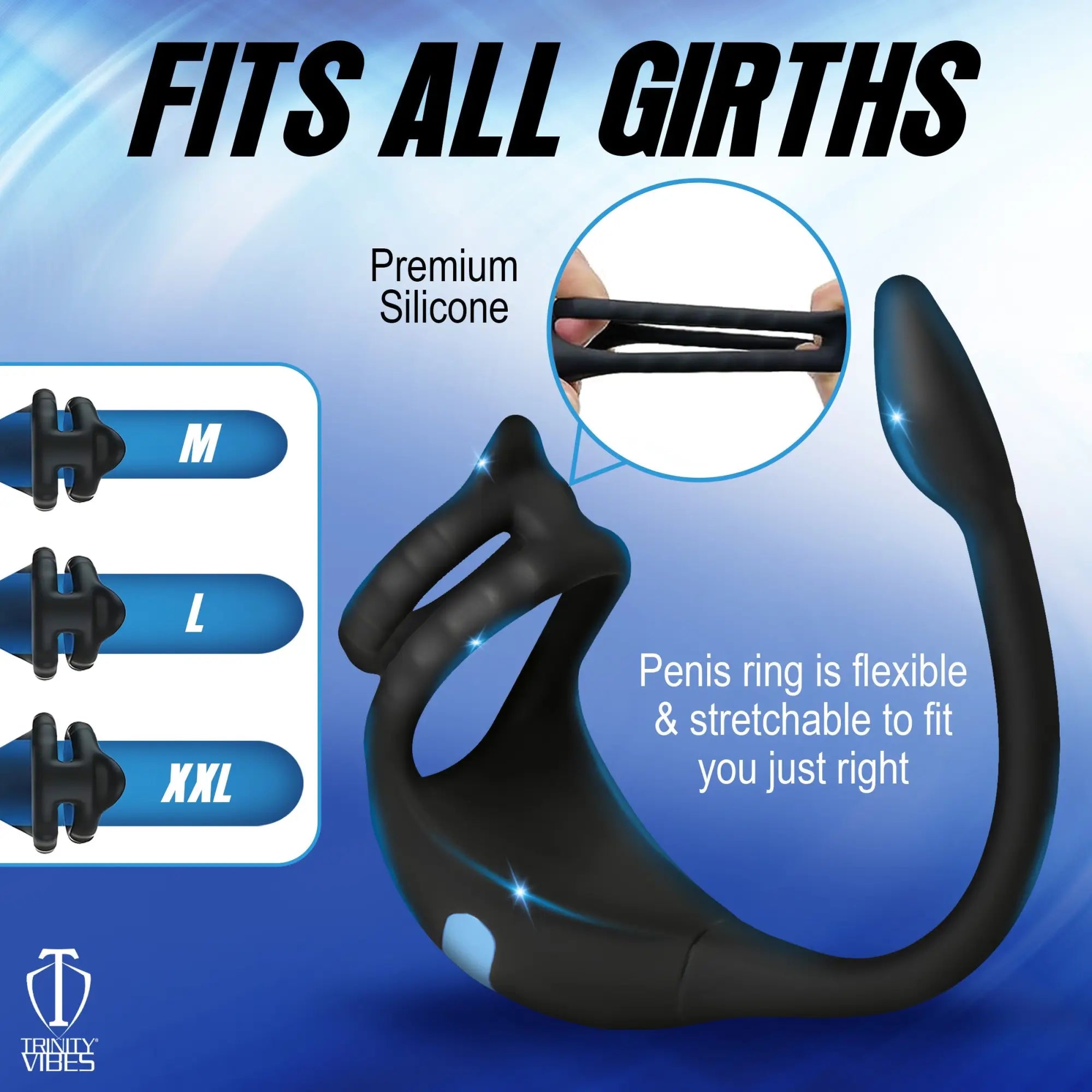 Thunderplugs black silicone vibrating cock ring and anal stimulator, showing flexible, stretchable design for any size.