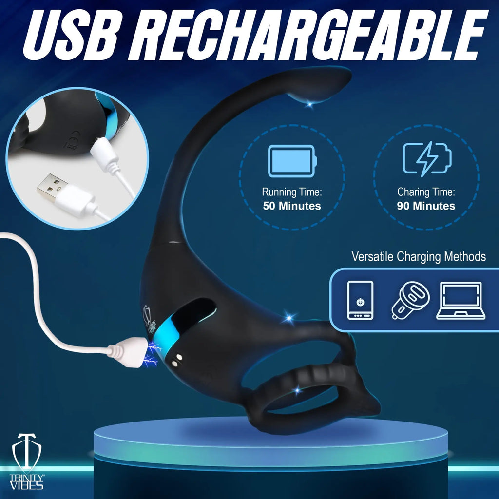 Thunderplugs vibrating black silicone cock ring and anal stimulator showing USB charging features and battery specs.