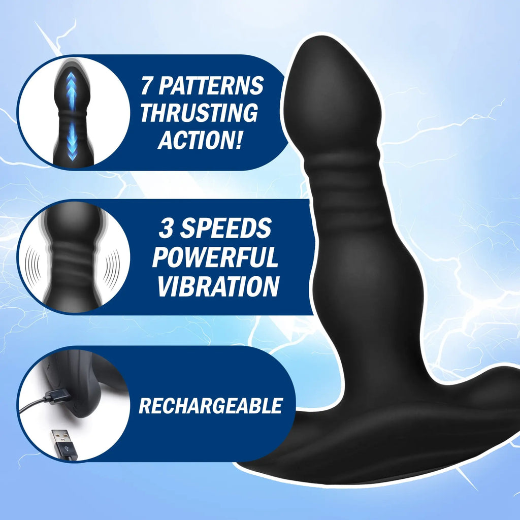 Black Thunderplugs silicone anal plug with thrusting and vibration features, shown with a USB charging cable.