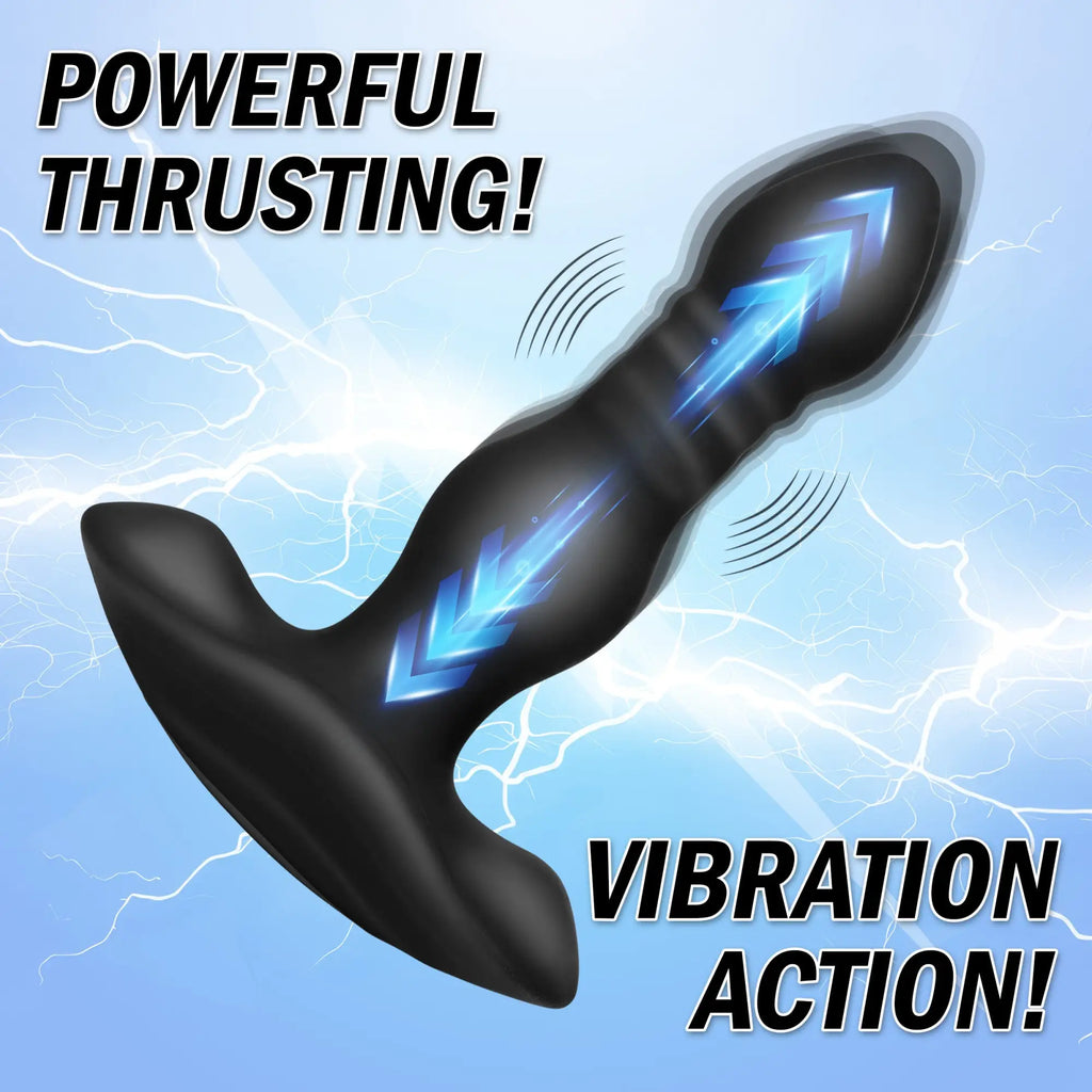 Black Thunderplugs silicone anal plug with blue motion arrows, set against a blue, electric lightning background.